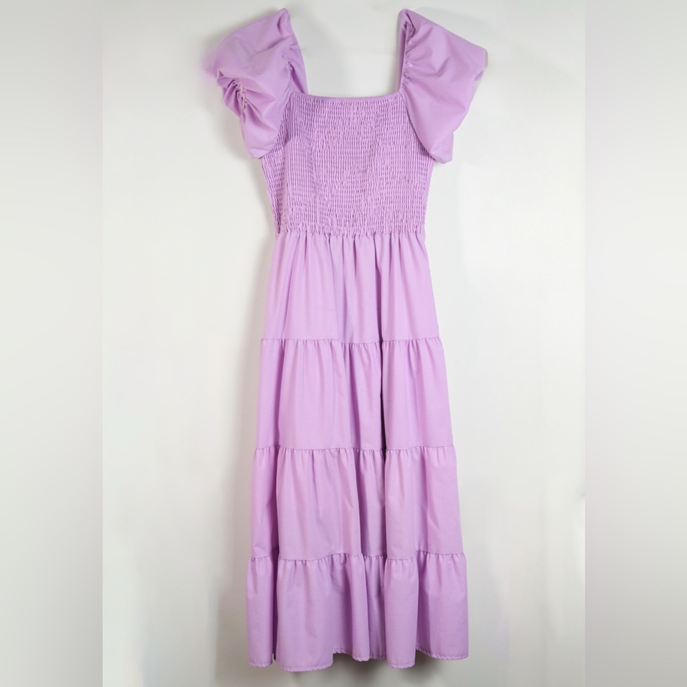 Midi Dress Puffy Short Sleeve Square Neck Smocked Tiered Ruffle Dress